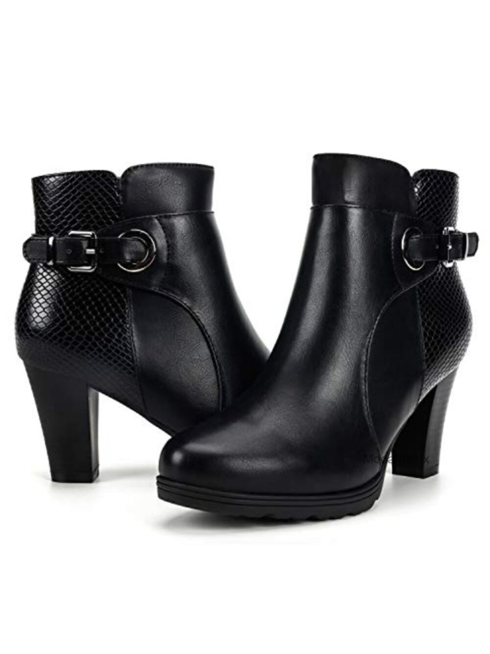 Women's Chunky Stacked Heel Ankle Boots Side Zipper Buckle Booties
